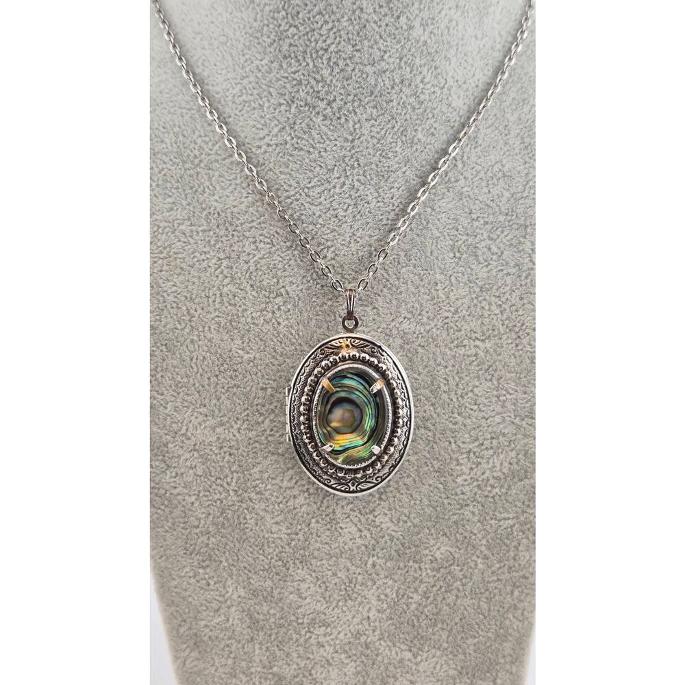 Vintage Abalone Shell Locket Necklace Silver Tone Oval Pendant